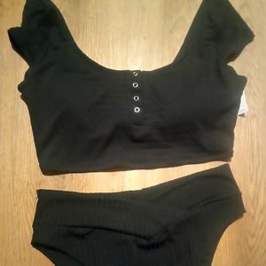 Aerie black ribbed swim top and crossover bottoms size XL
